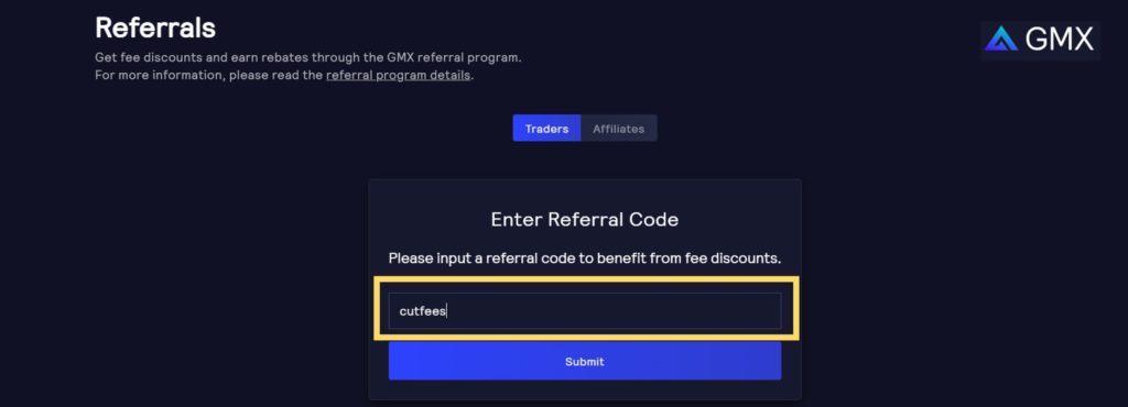 GMX referral code cutfees