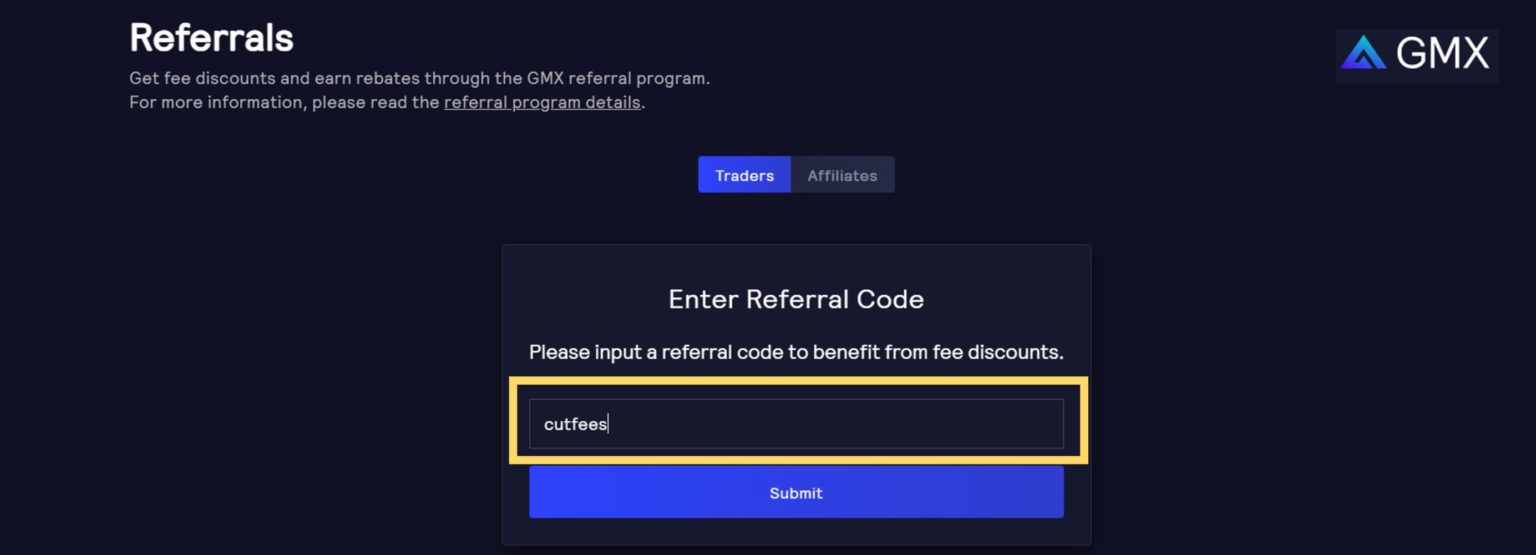 Options Referral Code GMX Referral Code: cutfees (best discount on fees)